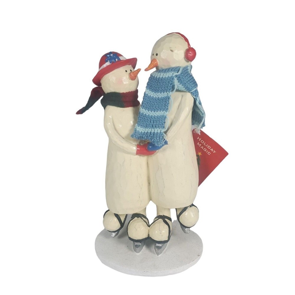 9" Snowman Ice Skating Couple Figurine Carved Wood Look By Ashley Cooper